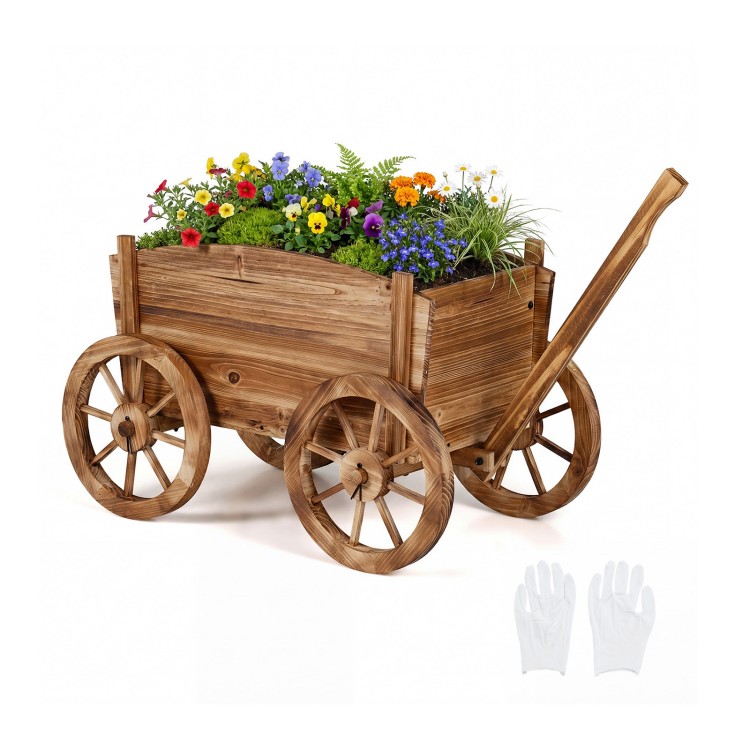 Rustic rolling flower pot stand made of fir wood with wheels and handle, perfect for displaying vibrant plants.