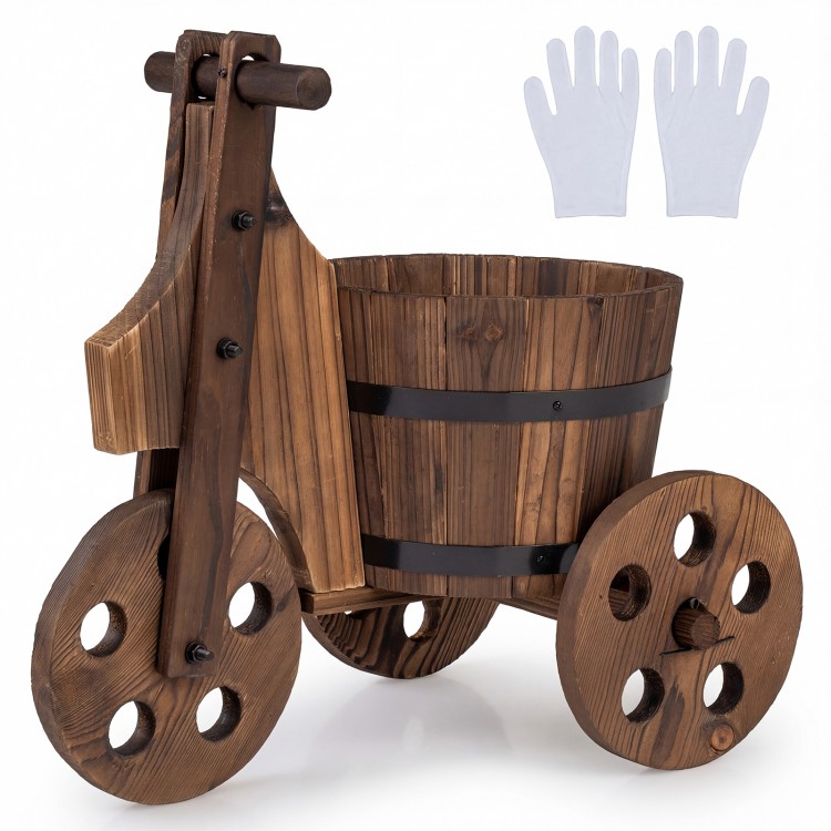 Rustic wood tricycle planter barrel in coffee color, ideal for flowers and herbs, featuring a drainage hole and sturdy.