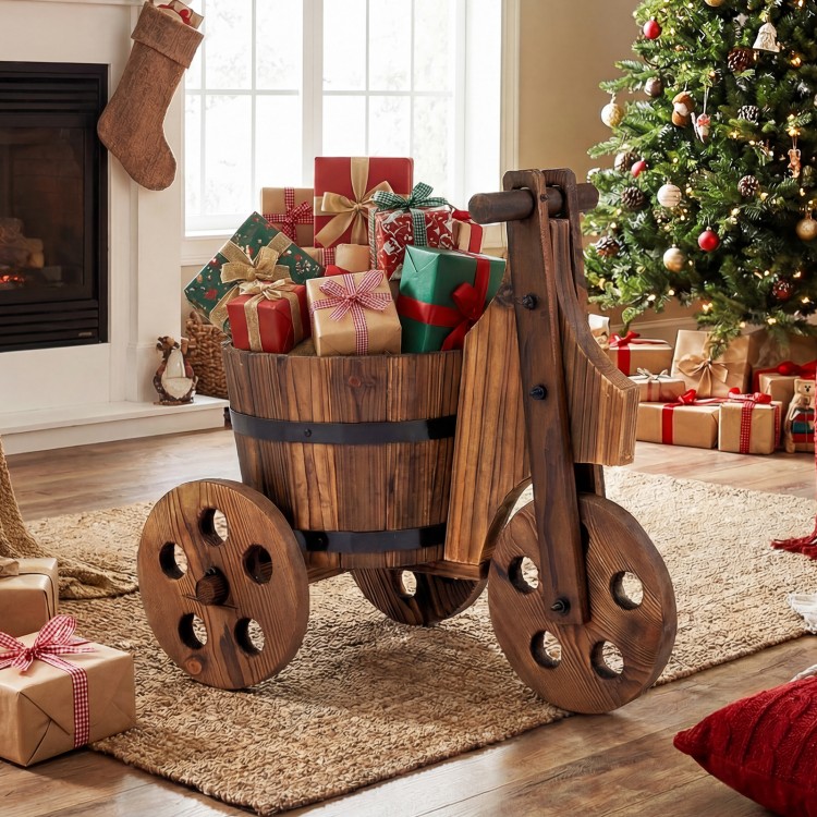 Rustic wood tricycle planter cart with drainage hole, perfect for displaying flowers or herbs in a charming setting.