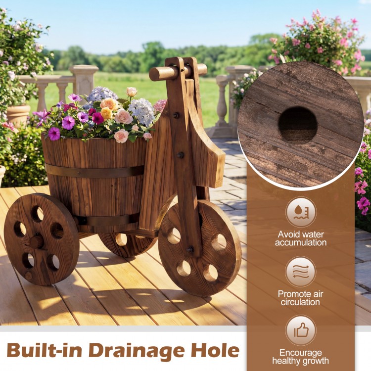 Rustic wood tricycle planter barrel with drainage hole, crafted from fir wood, ideal for flowers and herbs.