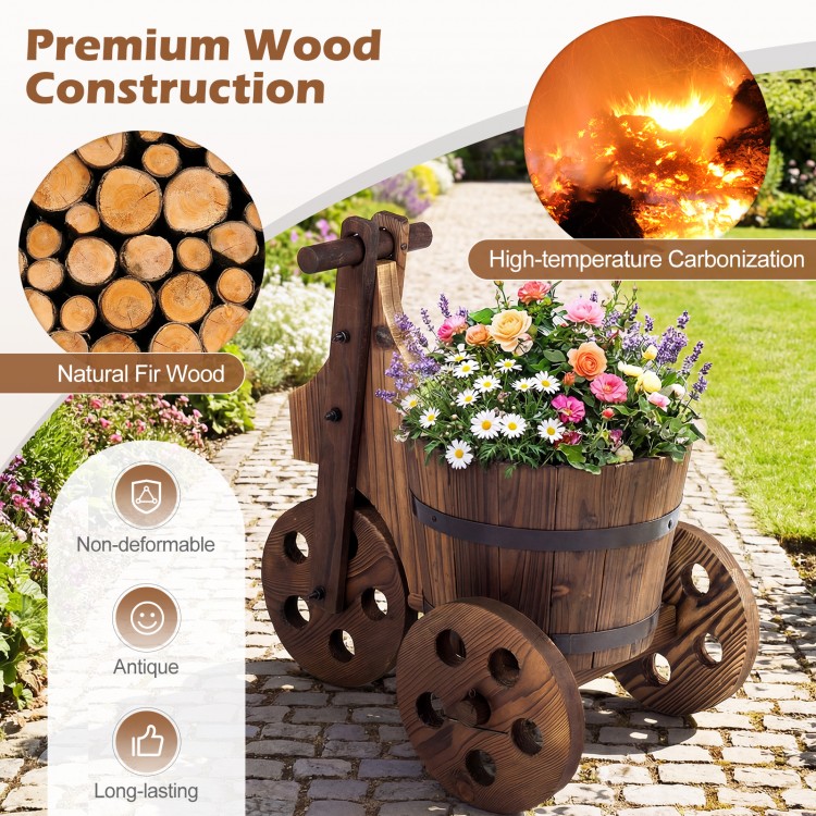 Rustic wood tricycle planter barrel made of natural fir wood, featuring a drainage hole for growing flowers and herbs.