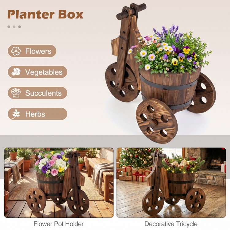 Rustic wood tricycle planter barrel with drainage hole, ideal for flowers, vegetables, and herbs, adds antique charm.