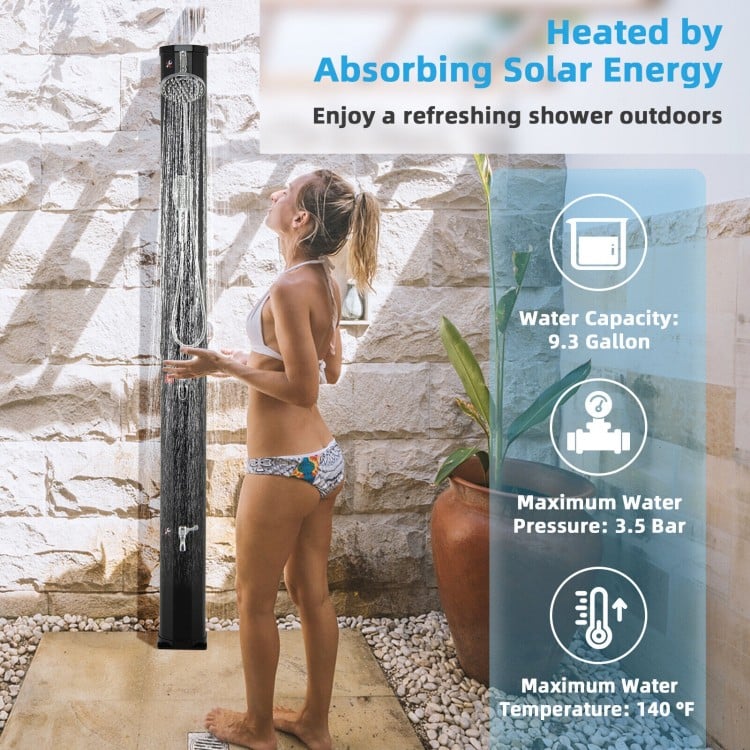 Solar heated outdoor shower with 9.3-gallon capacity, adjustable temperature, and 360° rotating shower head for comfort.