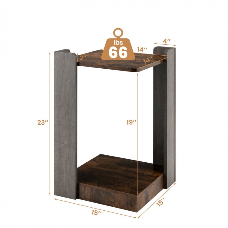 2-tier square end table with open storage shelf, made of engineered wood, compact design for small spaces.