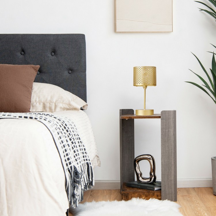 2-tier square end table with open storage shelf, compact design, ideal for bedside or small spaces.