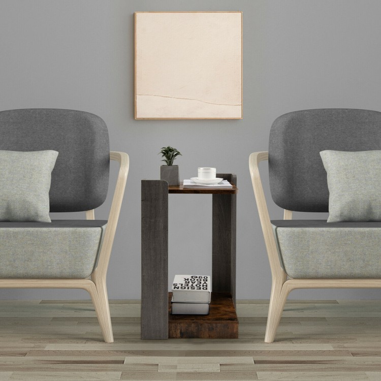 2-tier square end table with open storage shelf, compact design for small spaces, ideal as a side or bedside table.