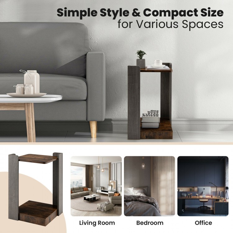 2-tier square end table in dark wood with open storage shelf, perfect for small spaces like living room or office.