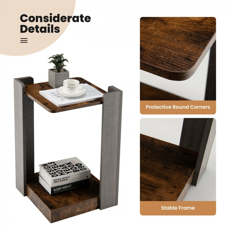 2-tier square end table with open storage shelf, engineered wood, compact design for small spaces, easy to clean.