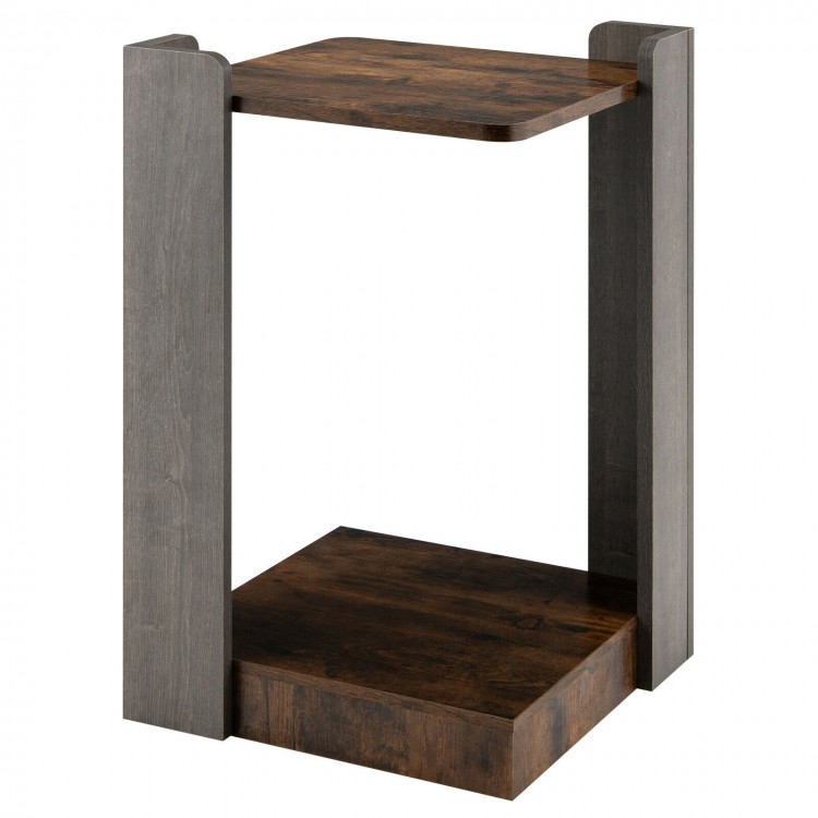 2-tier square end table with open storage shelf, engineered wood construction, compact design for small spaces.