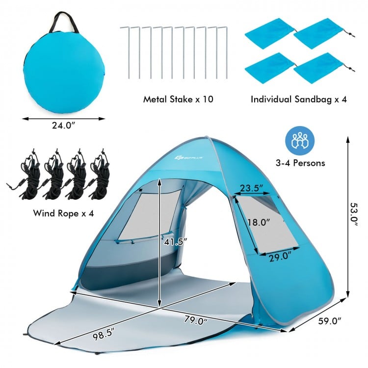 Automatic pop-up beach tent in blue, measuring 79" x 59" x 53", with UPF50+ protection and spacious front floor for.