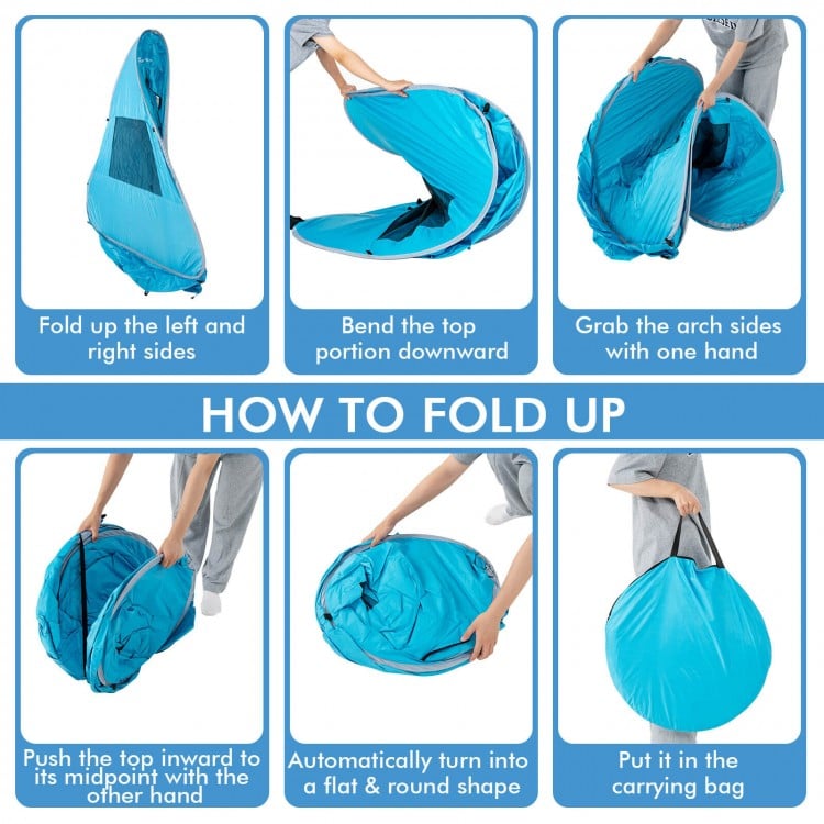 Automatic pop-up beach tent in blue, showcasing folding instructions for easy setup and storage in a carrying bag.