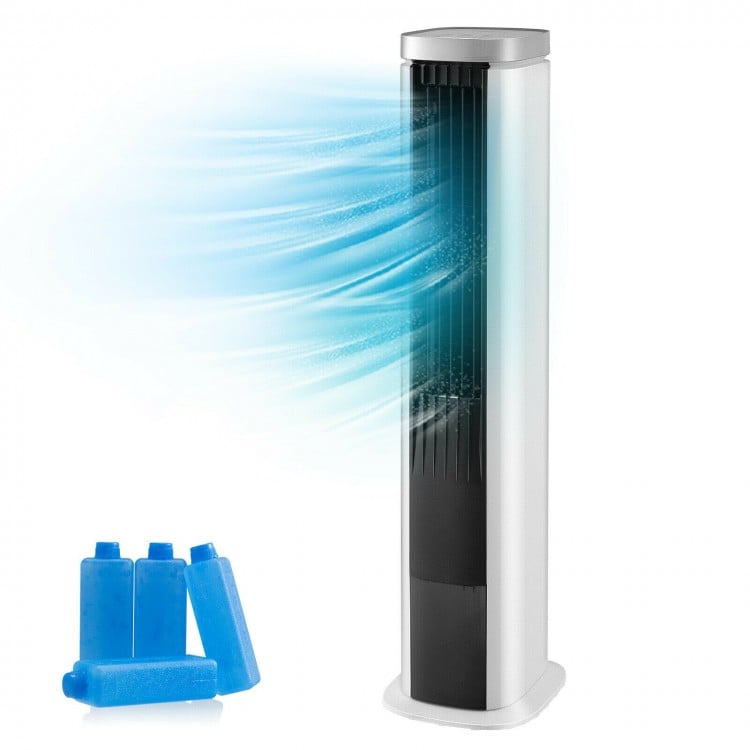 3-in-1 portable evaporative air cooler in white with remote control, featuring 4 fan speeds and wide oscillation for.