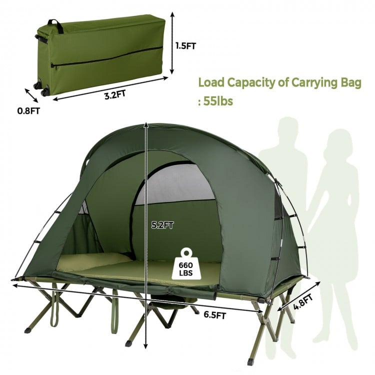 2-person outdoor camping tent with external cover, green, featuring a self-inflating mattress and strong metal frame.