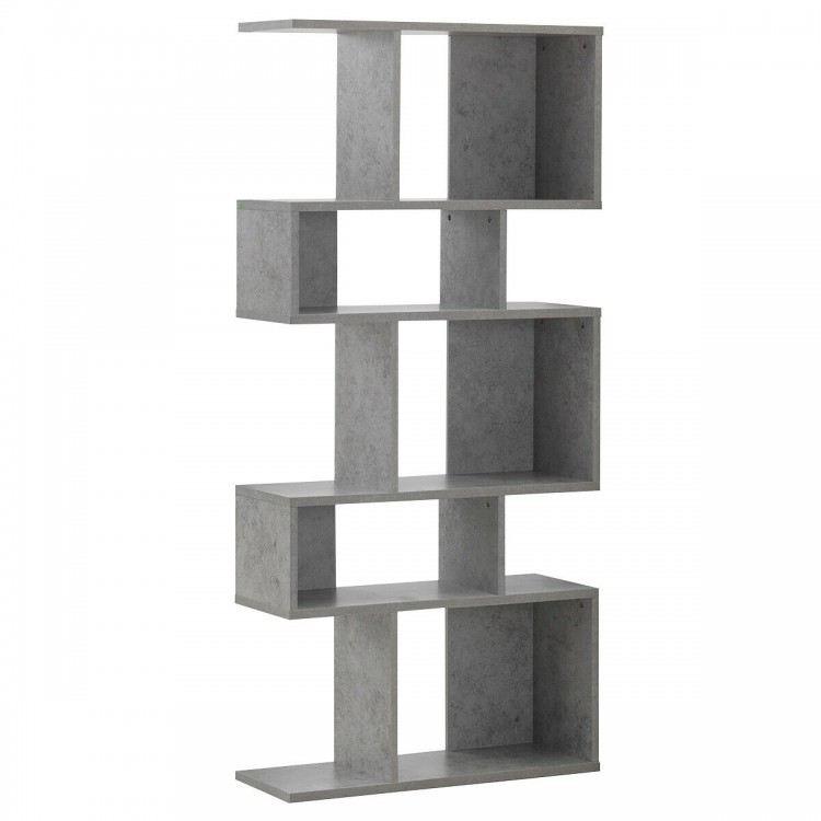Ladder corner bookshelf in gray with 5 cubes, made of P2 particleboard, perfect for modern home storage and display.