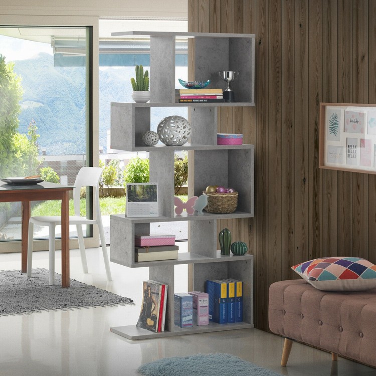Ladder corner bookshelf with 5 cubes in gray, made of durable particleboard, perfect for modern home decor and storage.