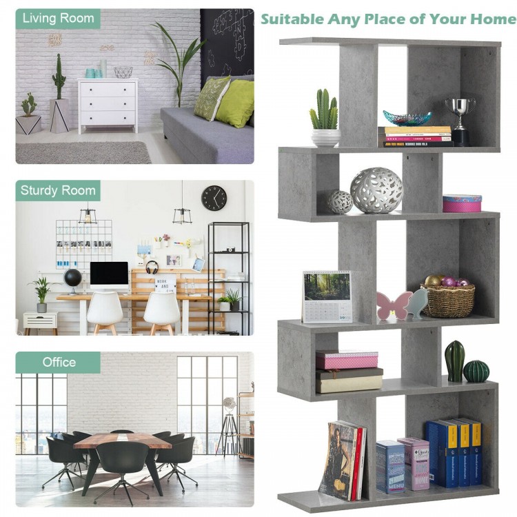 5-cube ladder corner bookshelf in gray, made of durable particleboard, ideal for modern home decor and space-saving.