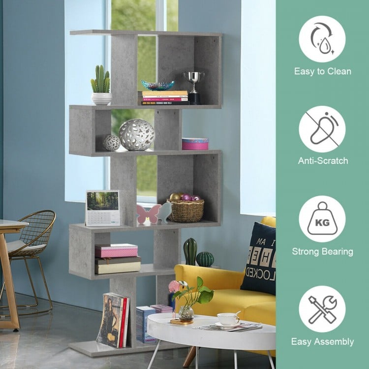 Ladder corner bookshelf in gray with 5 cubes, made of particleboard and MDF, ideal for modern home decor and storage.
