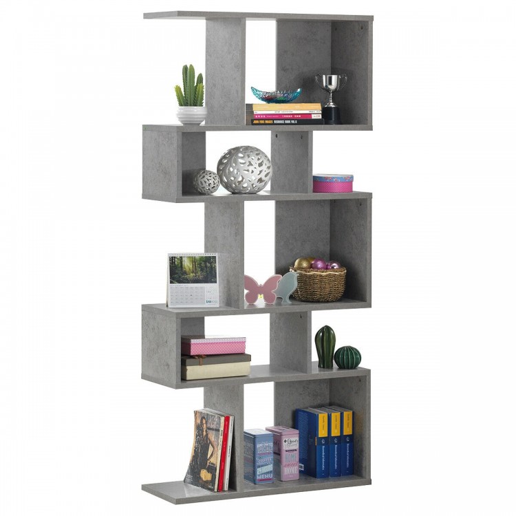 Ladder corner bookshelf in gray with 5 cubes, made of particleboard and MDF, ideal for storage and display in small.