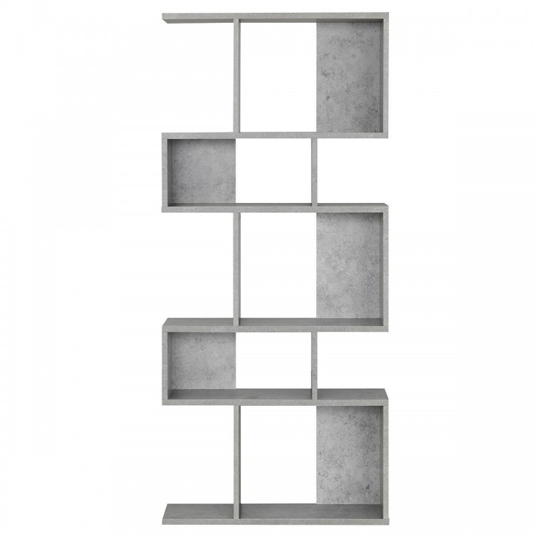 Ladder corner bookshelf in gray with 5 cubes, made of P2 particleboard, ideal for displaying books and decor.