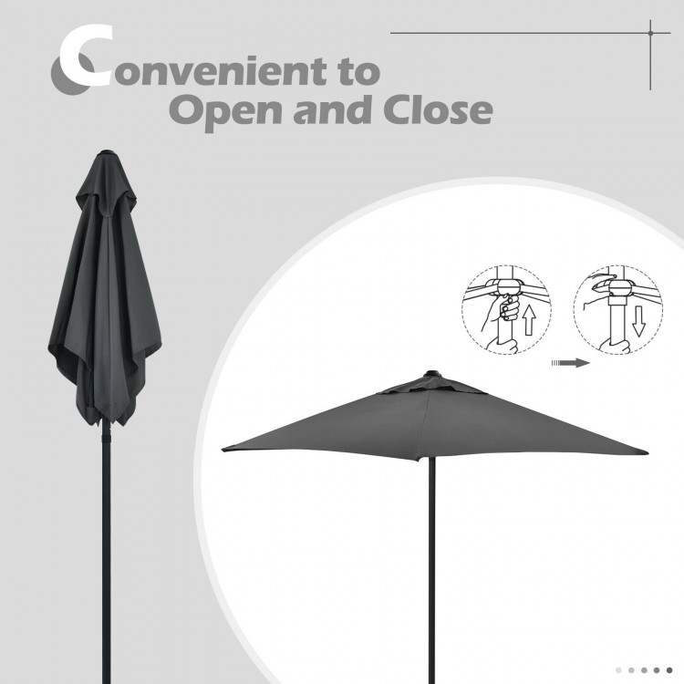 Patio umbrella in gray, designed for easy opening and closing, complements the 6-piece outdoor dining set.