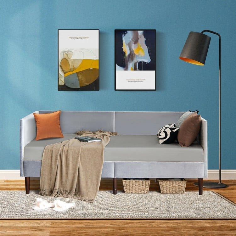 Twin daybed in gray velvet with soft sponge, ideal for small spaces, perfect for lounging or napping.