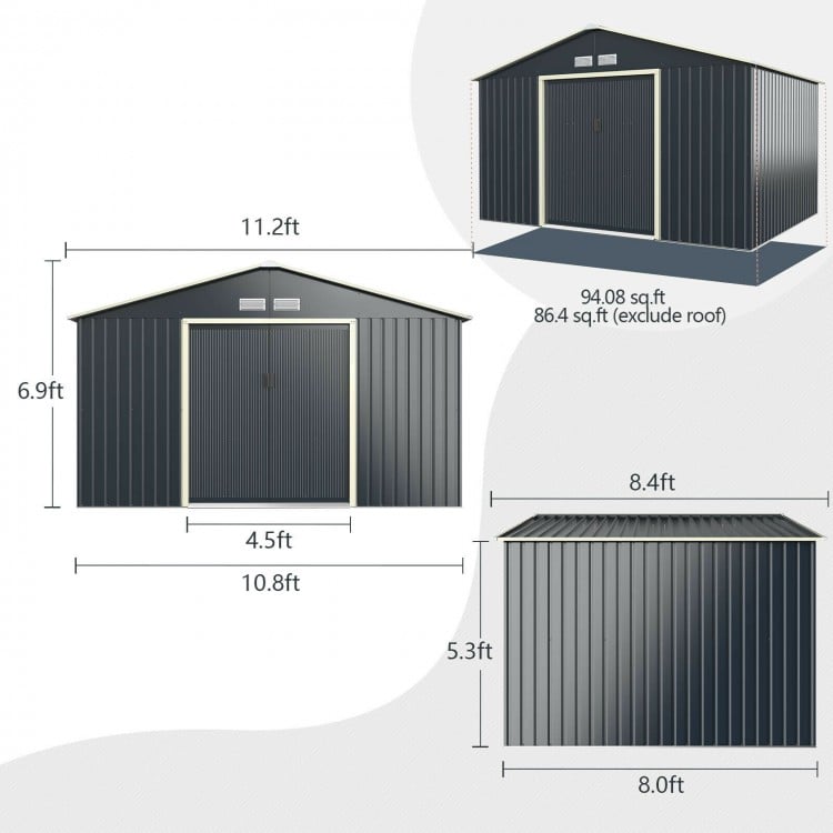 11 x 8 Feet Metal Storage Shed for Garden and Tools with 2 Lockable Sliding Doors - Gallery View 5 of 11