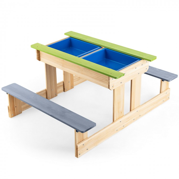 3-in-1 outdoor wooden kids picnic table with detachable water and sand boxes, ideal for backyard play and gatherings.