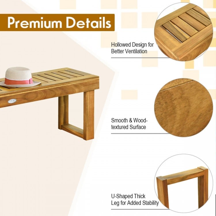 Detail of the 52-inch acacia wood dining bench showing the smooth wood-textured surface and hollow slat design for.