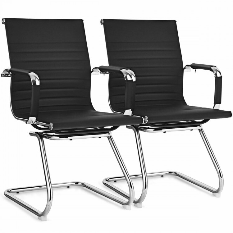 Set of 2 heavy-duty conference chairs in black PU leather, featuring spacious seats and stable sled base for office use.