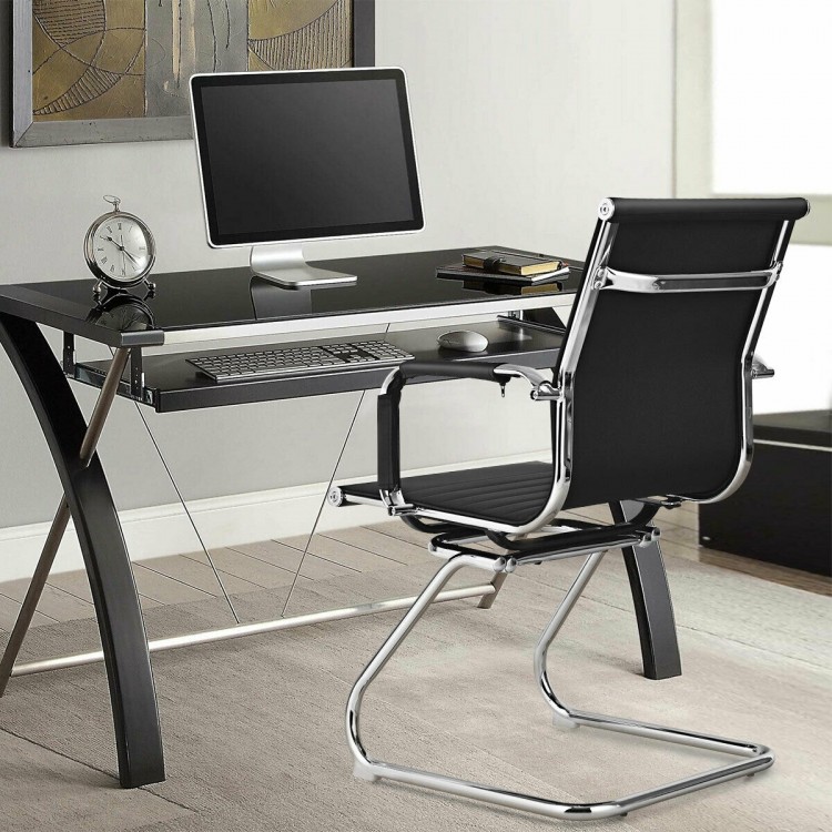 Black PU leather conference chair with ergonomic backrest and sled base, ideal for office or reception areas.