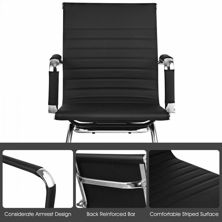 Black PU leather conference chair featuring ergonomic backrest, sled base, and armrests for enhanced comfort and.