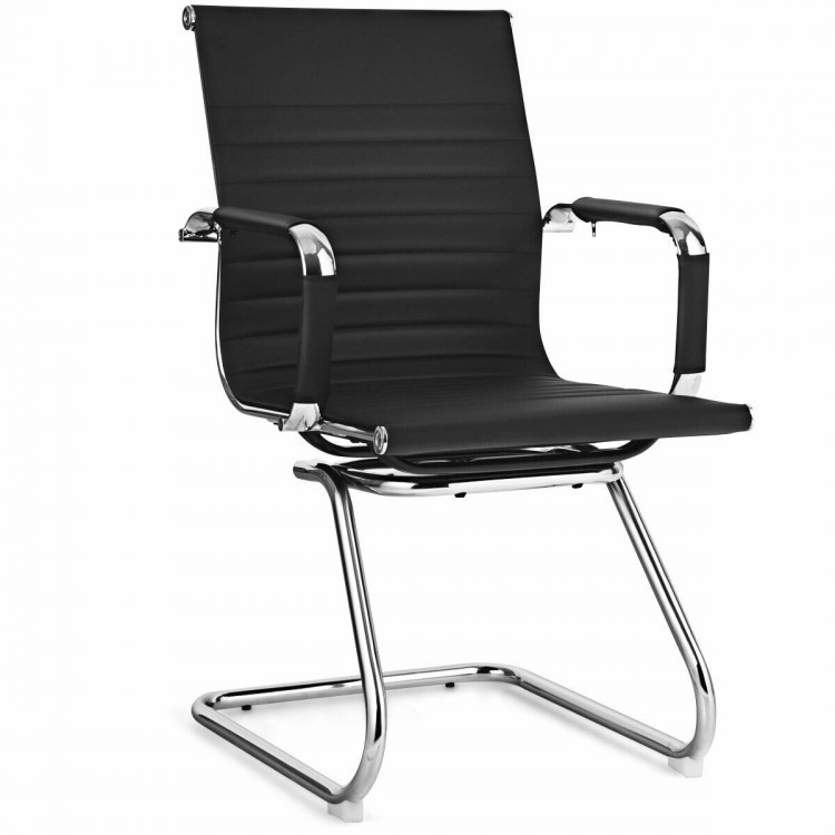 Sleek black PU leather conference chair with armrests and unique sled base, perfect for modern office environments.