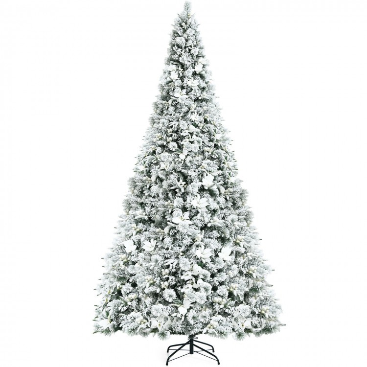 Snow-flocked 8-foot Christmas tree with 1239 branch tips and elegant white berries, ideal for holiday celebrations.