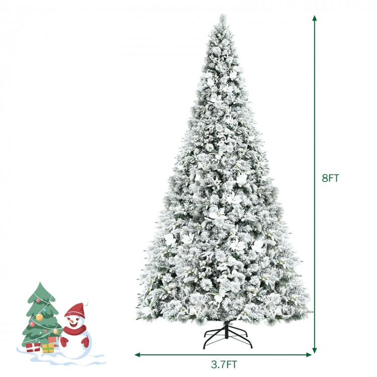 8-foot snow flocked Christmas tree with white berries and poinsettia flowers, perfect for festive home decoration.