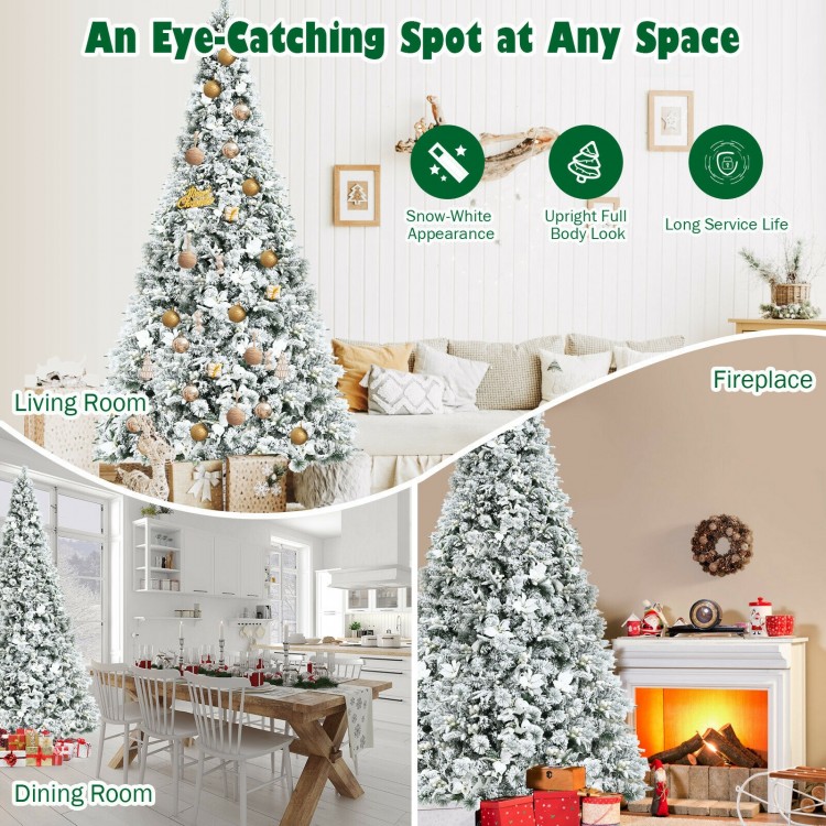 8-foot snow-flocked Christmas tree with white berries and poinsettia flowers, perfect for festive home decoration.