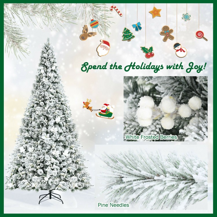 8-foot snow flocked Christmas tree with white berries and poinsettia flowers, perfect for festive holiday decoration.