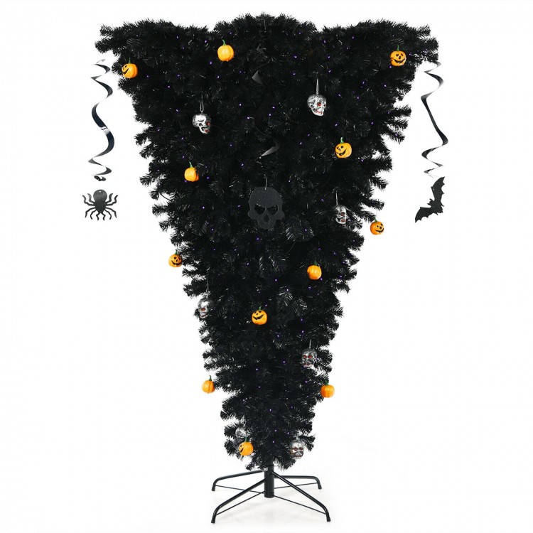 Upside-down 6-foot artificial Christmas tree with 270 purple LED lights, featuring Halloween decorations like pumpkins.