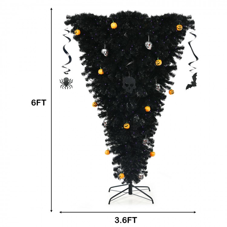 6FT upside-down artificial Christmas tree with 270 purple LED lights, decorated with mini pumpkins and skulls for.