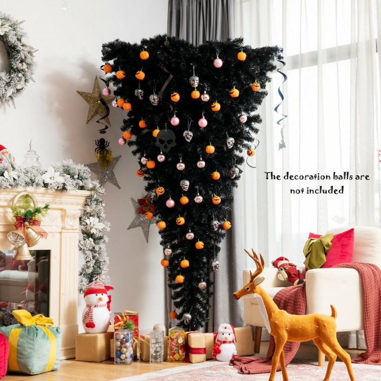 Upside-down 6 feet black artificial Christmas tree with 270 purple LED lights, perfect for unique holiday decor.