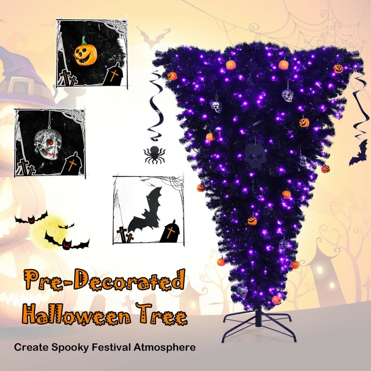Upside-down 6 feet Halloween tree with 270 purple LED lights and spooky decorations for festive celebrations.