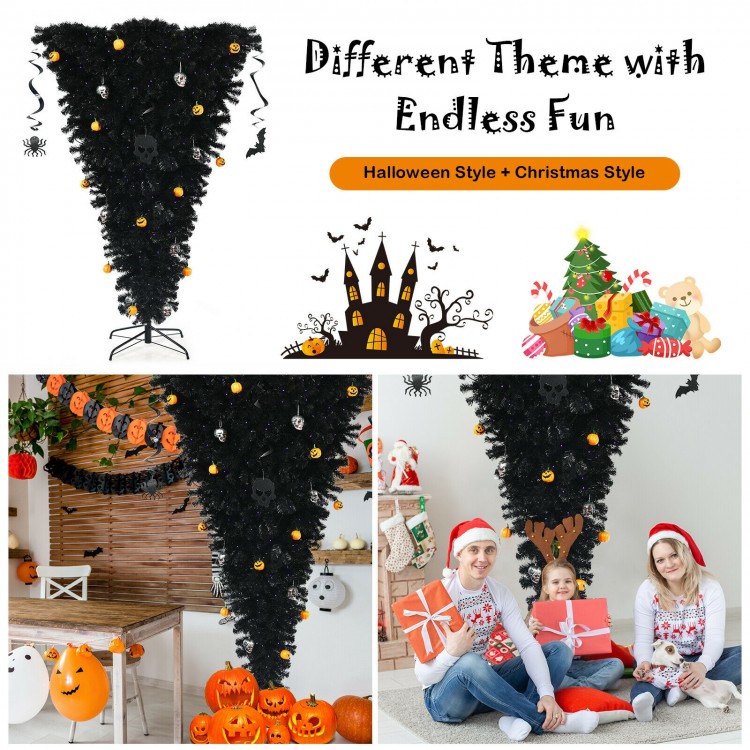 6 feet upside-down artificial Christmas tree with 270 purple LED lights, featuring Halloween elements for festive decor.