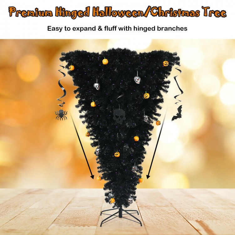 Upside-down 6 feet artificial Christmas tree with 270 purple LED lights and Halloween decorations for festive decor.
