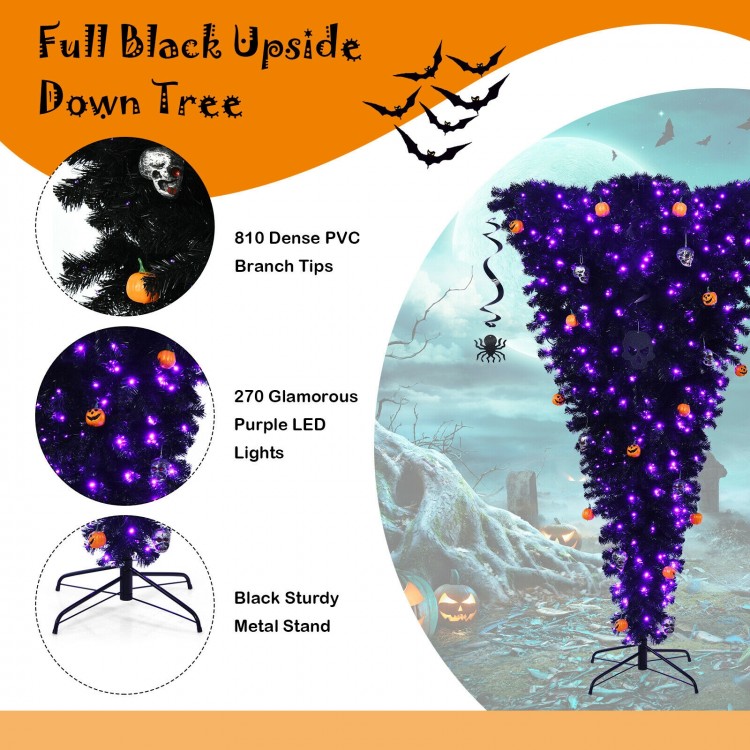 6 feet upside down black Christmas tree with 270 purple LED lights, decorated with pumpkins and skulls for Halloween.