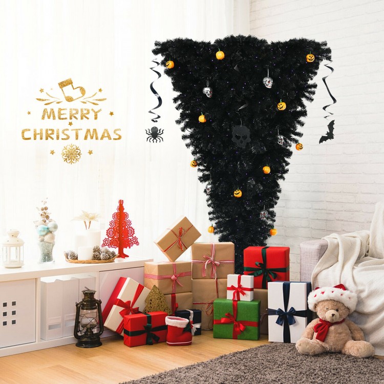 Upside-down 6 feet black artificial Christmas tree with 270 purple LED lights and Halloween decorations for festive.