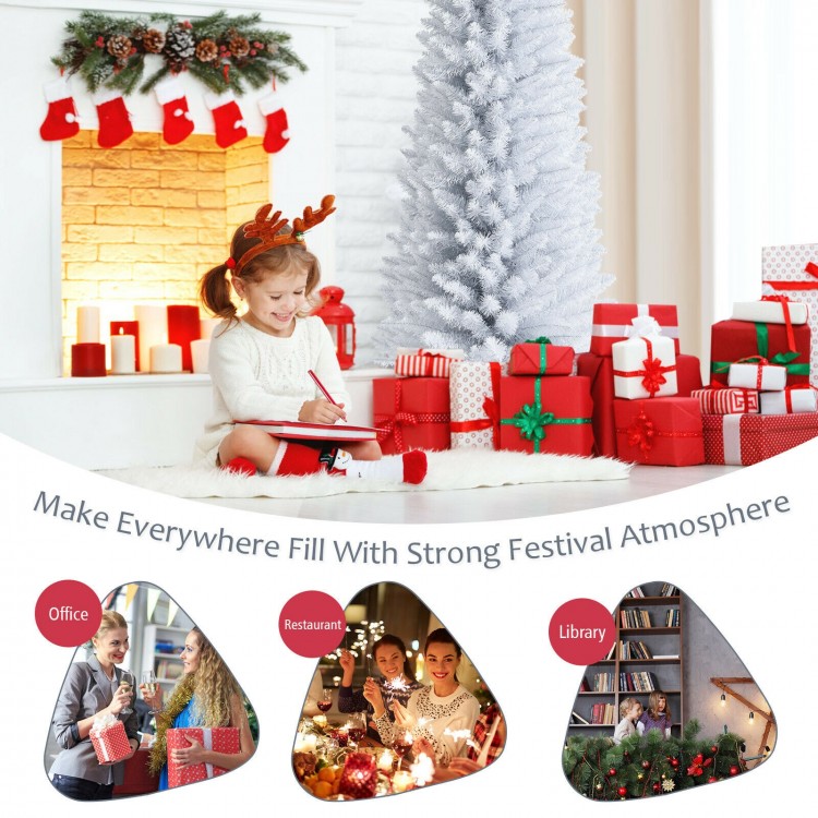 7 feet unlit artificial slim Christmas pencil tree with metal stand, ideal for festive decoration in homes and offices.