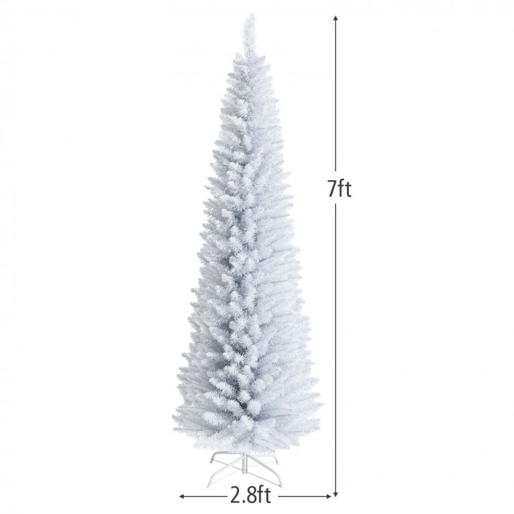 7ft unlit artificial slim Christmas pencil tree in white with 436 branch tips, ideal for home or office holiday decor.