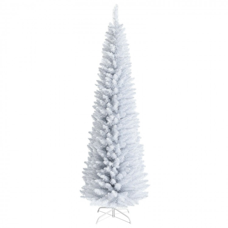 7-foot unlit artificial slim Christmas pencil tree in bright white with a sturdy metal stand, perfect for holiday decor.