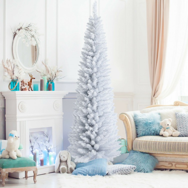 7-foot unlit artificial slim Christmas pencil tree in bright white, perfect for space-saving holiday decor.