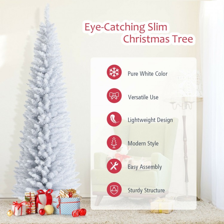 7-foot slim white Christmas pencil tree with 436 branch tips, ideal for home or office holiday decoration.
