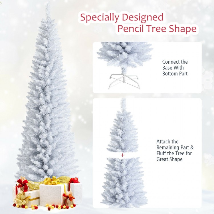 7 feet unlit artificial slim Christmas pencil tree in bright white, featuring 436 branch tips and a sturdy metal stand.